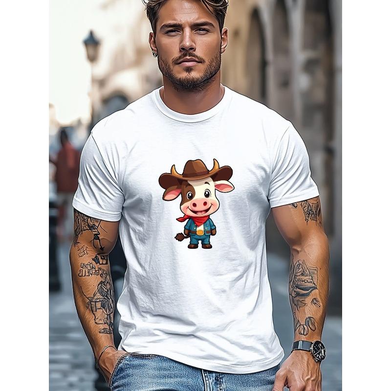 European Size Men'S T-Shirt, Easy And Stylish, Easygoing And Casual, Featuring a Cartoon Calf Design with a Man Wearing a Cowboy Hat