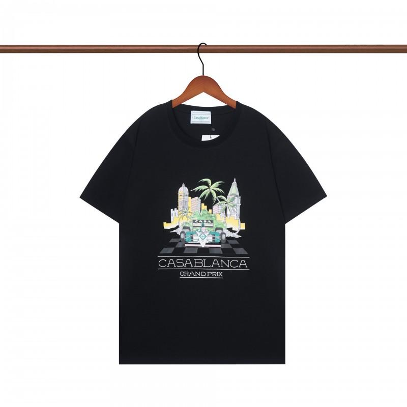 Casablanca Style Short Sleeve T-Shirt Men Women Blue Letter Print Casual Top