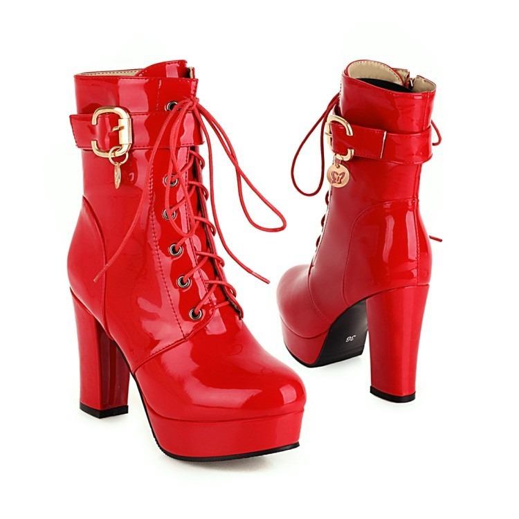 

Сексуальные одинарные ботинки на шнуровке из цельной кожи на высоком толстом каблуке на платформе, короткие ботильоны унисекс, большие размеры, сапоги с замками 36 красный