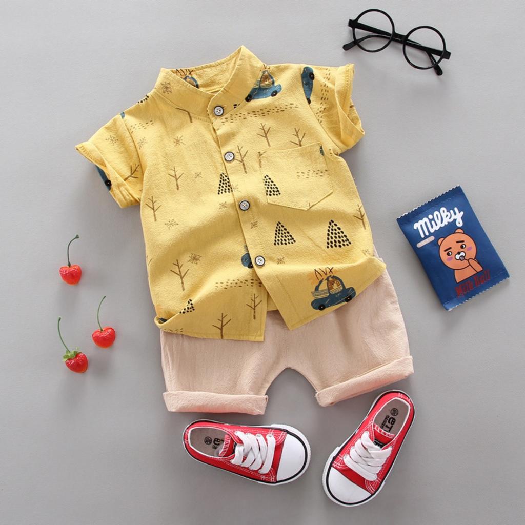 Summer Printed Pyramid Shirt Short Sleeved Shorts Set for Male and Female Infants and Young Children