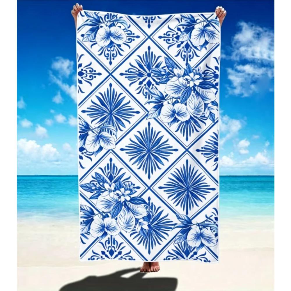 Mediterranean Lemon Print Beach Towel, Microfiber Large Sand Free Quick Dry, Blue Tile Pattern, Soft Absorbent Beach Towel