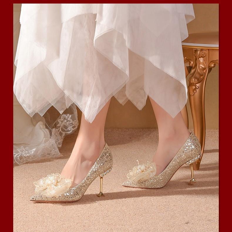Sexy High Heels Women's Thin Heels Spring and Autumn New Temperament Socialite Bow Pointed Single Shoes Women's Flower Wedding Shoes