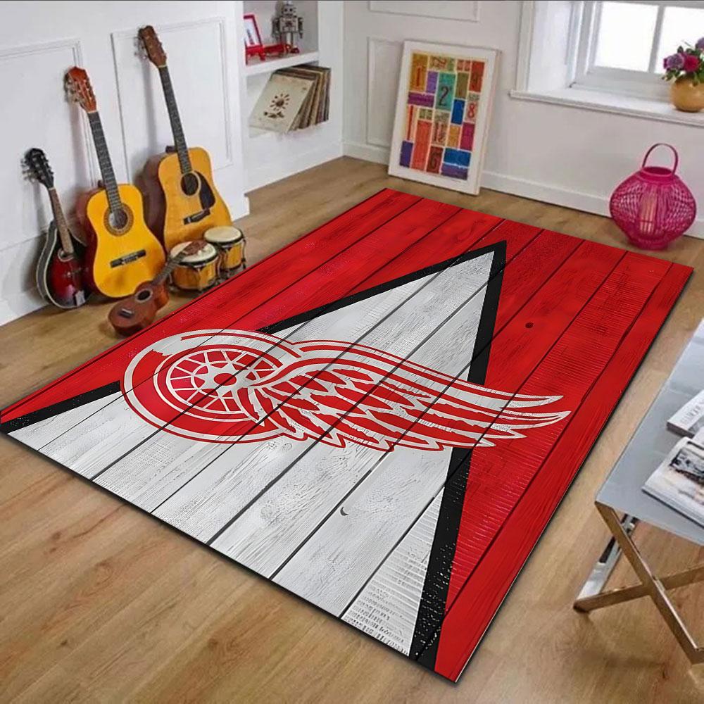 Red Wings Logo On Wooden Texture Patterned Carpet, Non Slip Mat Suitable for Living Room and Bedroom Sofas