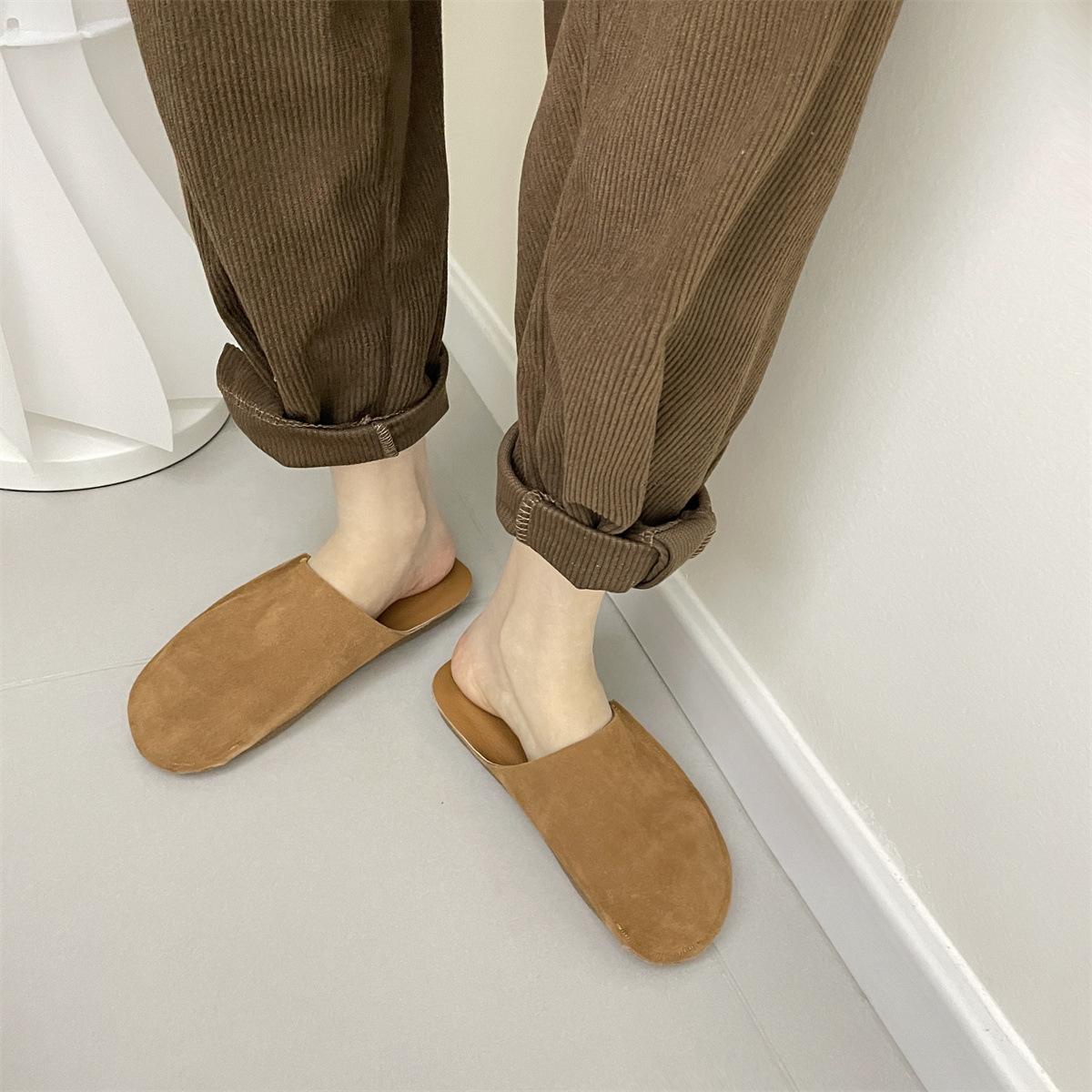 

Тапочки Baotou женские, весна-лето 2025, новые мягкие кожаные ленивые туфли в стиле ретро на плоской подошве, мягкие, классные тапочки, женские тапочки 40 хаки