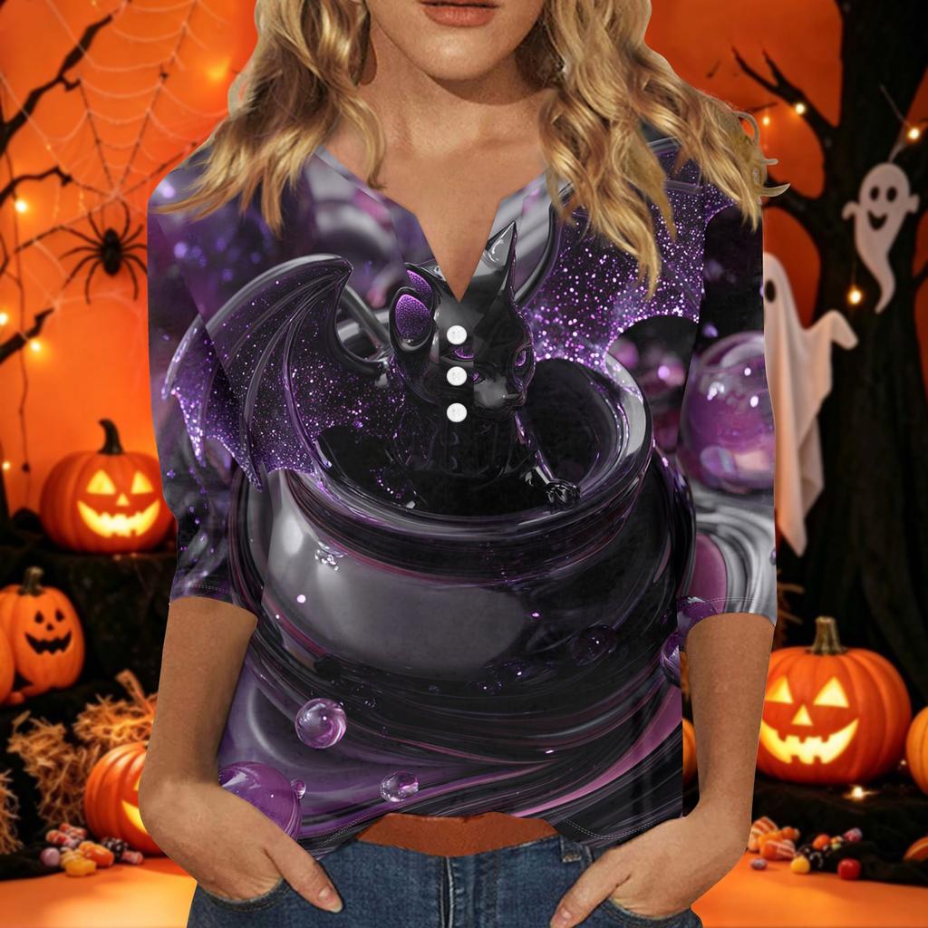 Women's Halloween Print V-Neck Short Sleeve T-Shirt with Decorative Buttons for Casual Fall Outfits
