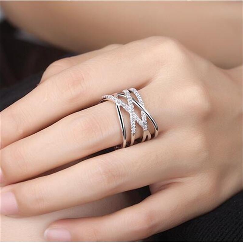 Korean 925 Silver Opening Rings Multi-layer Line Cross Mosaic Zirconia Rings For Women Jewelry S-r243