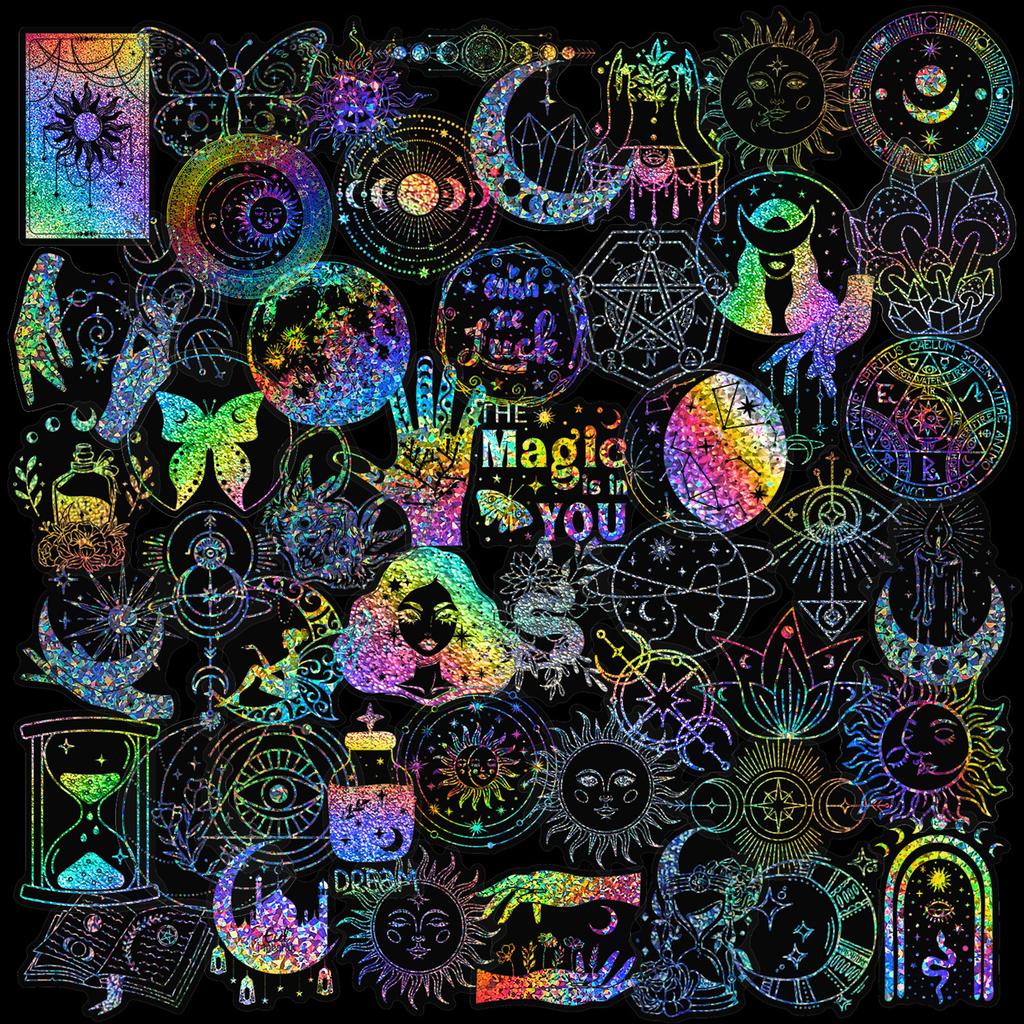 10/50/100 SZTUK Holograficzne Laserowe Naklejki Świat Czarodziejów Holograficzne Naklejki Czarownica księżyc na Kubek na wodę Laptop Album do scrapbookingu Notatnik Dziennik naklejki