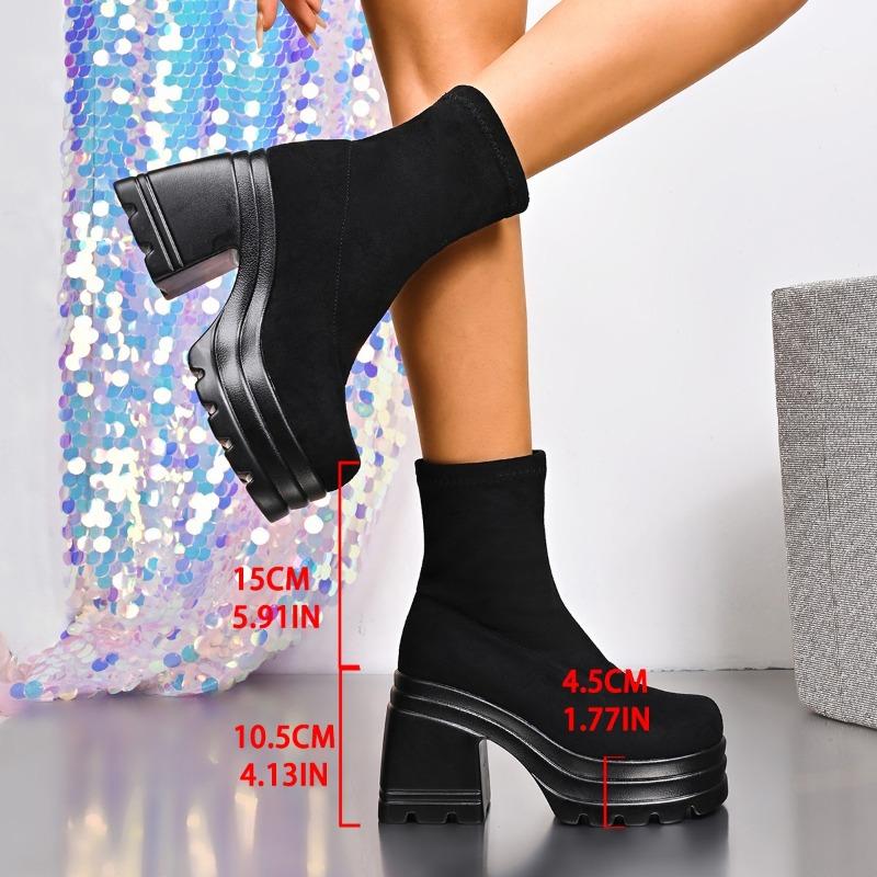 Fashion Black Thick-soled Women's Height-enhancing 2025 New Autumn Suede Thick-heeled Elastic Slim Short Boots