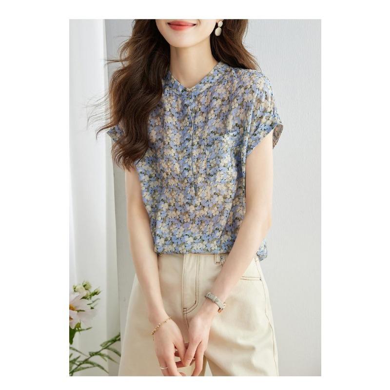 Women's Floral Print Blouse Crew Neck with Cap Sleeves Relaxed Fit