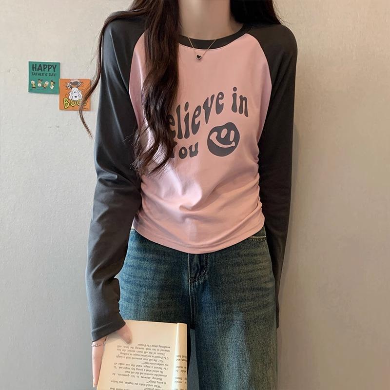 American Retro Side Pleated Waist Long-sleeved T-shirt Women's New Round Neck Letter Printed Short Bottoming Top Autumn