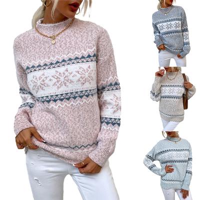 New Women‘s Christmas Snowflake Pattern Half High Neck Sweater, Cozy Warm Knit Pullover for Autumn Winter Holiday Fashion