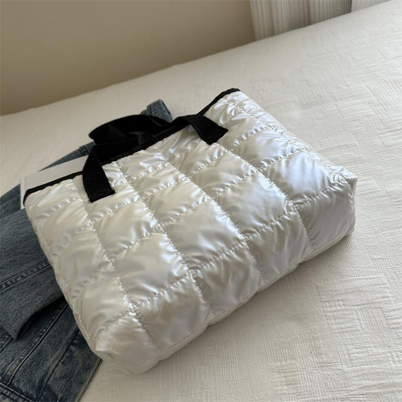 Ladies Tote Handbags Large Capacity Cotton Padded Shopping Bag Rhombus Portable Handbag Quilted Solid For Leisure Travel