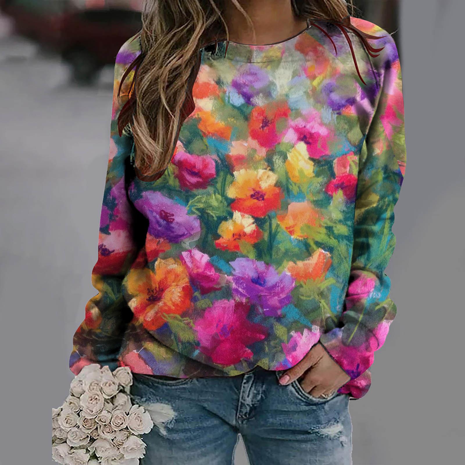 

New loose casual 3D floral print pattern women s round neck long sleeved T-shirt S