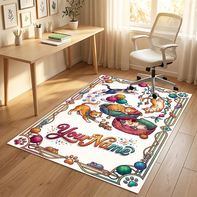 Cat Theme Crystal Velvet Rug Personalized Custom Name Text Soft Floor Mat Home Decor