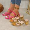 Fashion Square Heel Sandals Summer New Fashion Round Toe Open Toe Patent Leather Cross-Strap Non-Slip Kitten Heel Slippers