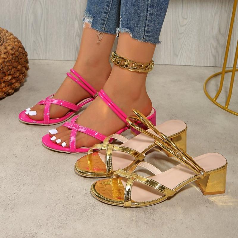 Fashion Square Heel Sandals Summer New Fashion Round Toe Open Toe Patent Leather Cross-Strap Non-Slip Kitten Heel Slippers
