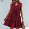 DX~~2023 Summer Europe and America V-neck Sexy Solid Color Dress Irregular Splice Sleeveless Commuter Big Swing Dress Women