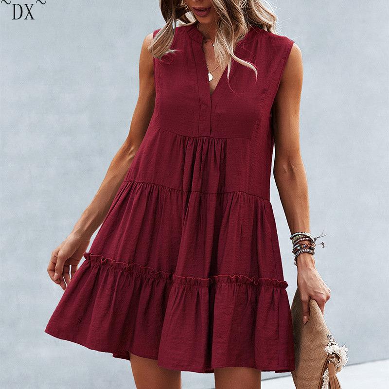 DX~~2023 Summer Europe and America V-neck Sexy Solid Color Dress Irregular Splice Sleeveless Commuter Big Swing Dress Women