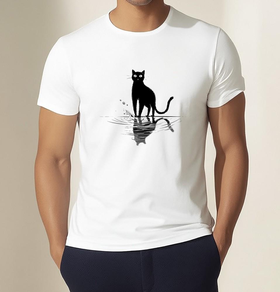 Minimalist Black Cat Reflection T-Shirt Artistic Water Ripple Graphic Tee Unisex Unisex T-Shirt L