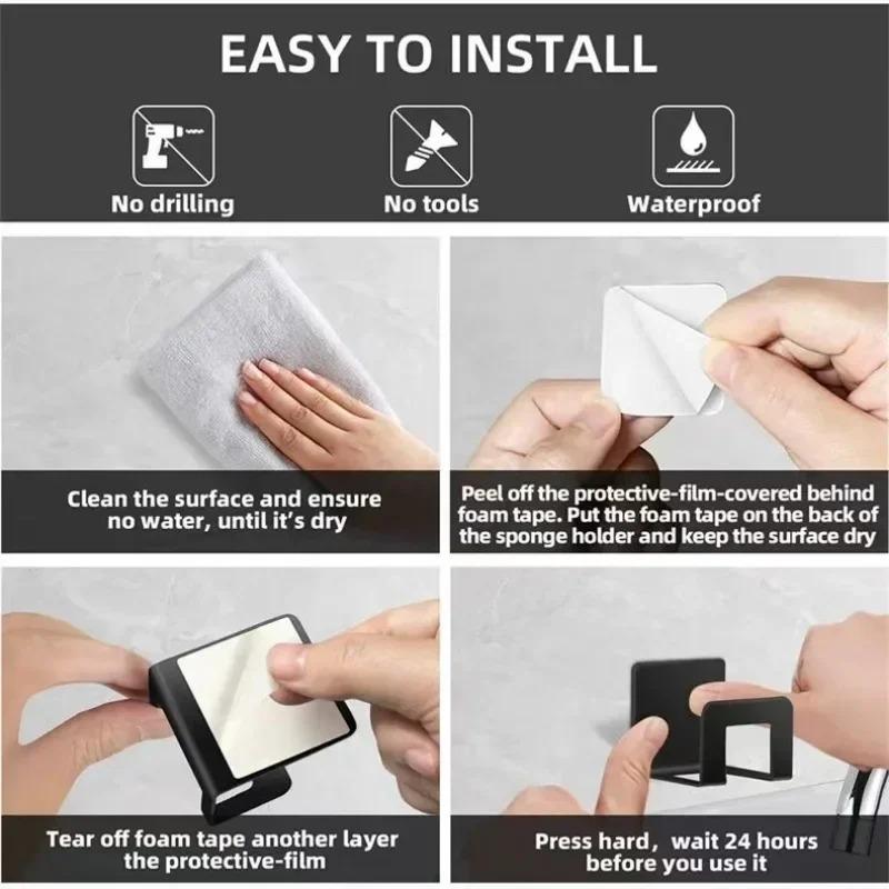 2pcs Stainless Steel Kitchen Sink Sponge Holder Tray Drainer Rack Self Adhesive Hook Sink Storage Holder Kitchen Accessories