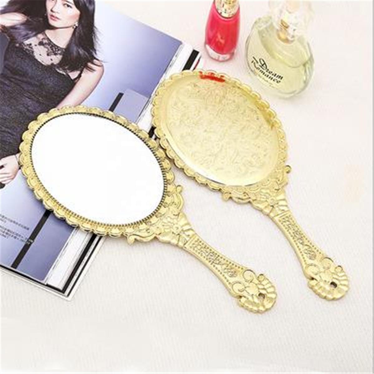 Antique Vintage Floral Oval Mirror Portable Ladies Hand-held Travel Glass Makeup Tool Decorative Objects золотой