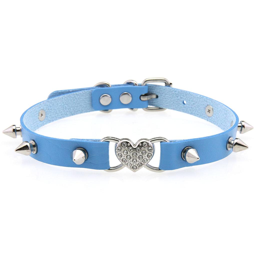 Sweet Cool Rhinestone Heart Rivet Leather Choker, Punk Heart Clavicle Necklace for Women