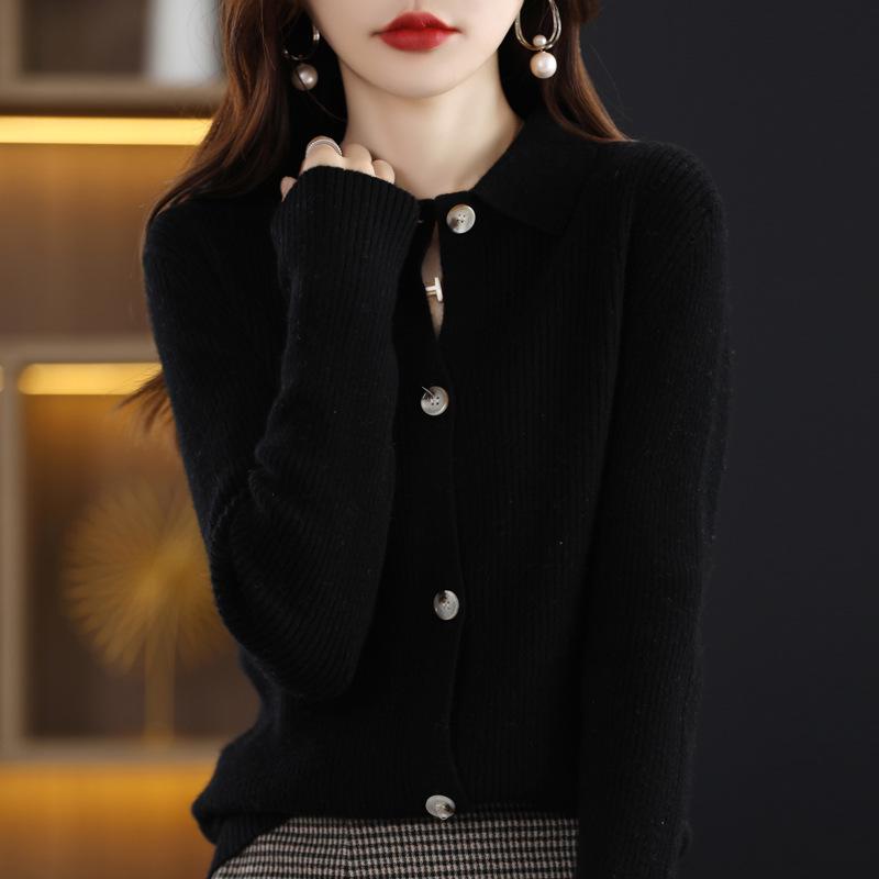 Women's Ribbed Cashmere Cardigan & Knitwear Set - Slimming Lapel Design for Autumn/Winter