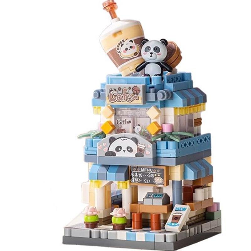 Panda Pet Coffee Ice Cream Flower Shop Store Street View Food House Building Blocks Kit Girls Bricks Model Kids Toy Children