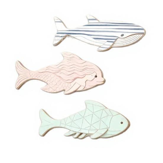 3 Pcs Vintage Wooden Ocean Fish Wall Art, Nautical Coastal Dolphin Whale Fish Wall Hanging Decor for Summer Lake House, Living Room, Bathroom A
