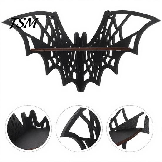 Gothic Style Furniture Halloween Bat Corner Shelf, Decorative Wooden Wall Mount Display Unique Storage Spiderweb Design Floating Rack for Home,