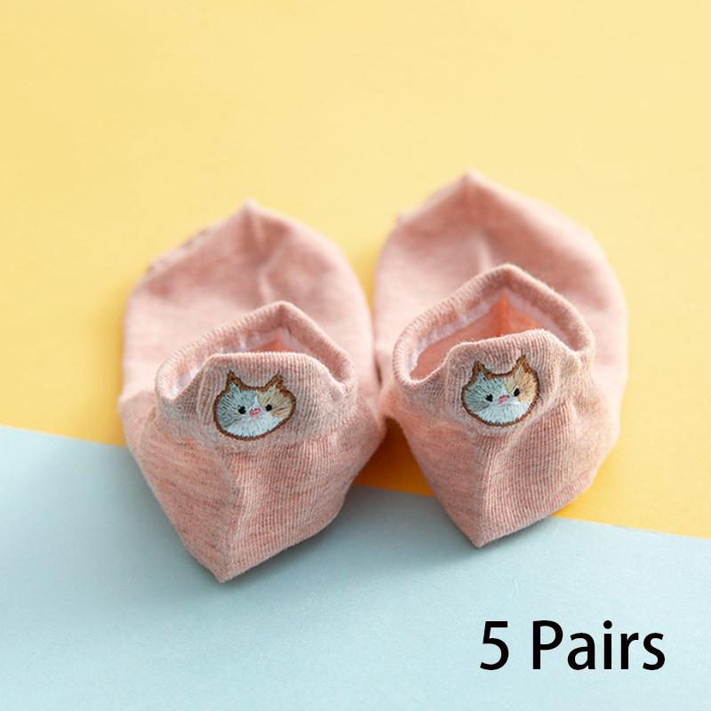 5/10 Pairs Women's Ankle Socks Cartoon Embroidery Cat Funny Short Socks Fashion No-Show Low Cut Soft Casual Female Boat Socks