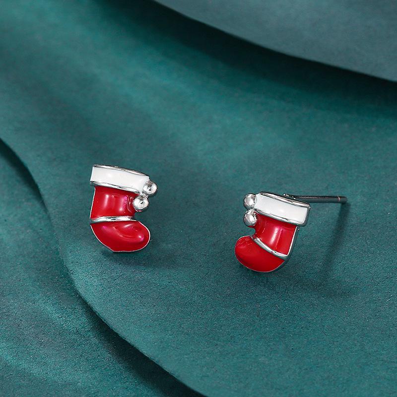European & American Christmas-Themed Red Enamel Reindeer Santa Claus Stud Earrings for Women