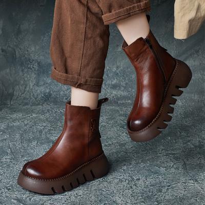 Women's Boots 2026 New Handmade Cowhide British Style Round Toe Short Boots with Side Zipper Thick Sole Women's Boots
