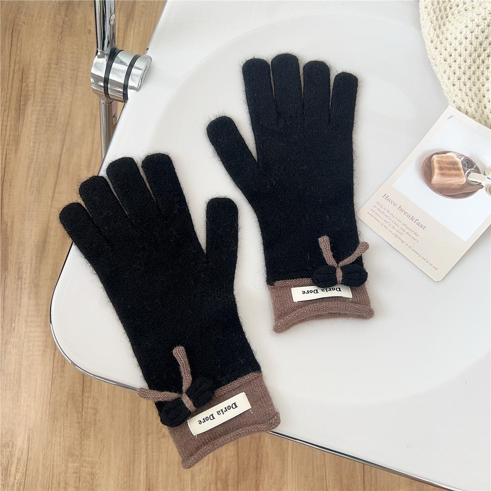 Bow Gloves for Women In Winter Korean Style Versatile Student Cute Five Finger Wool Knitted Couple Men Warm Riding