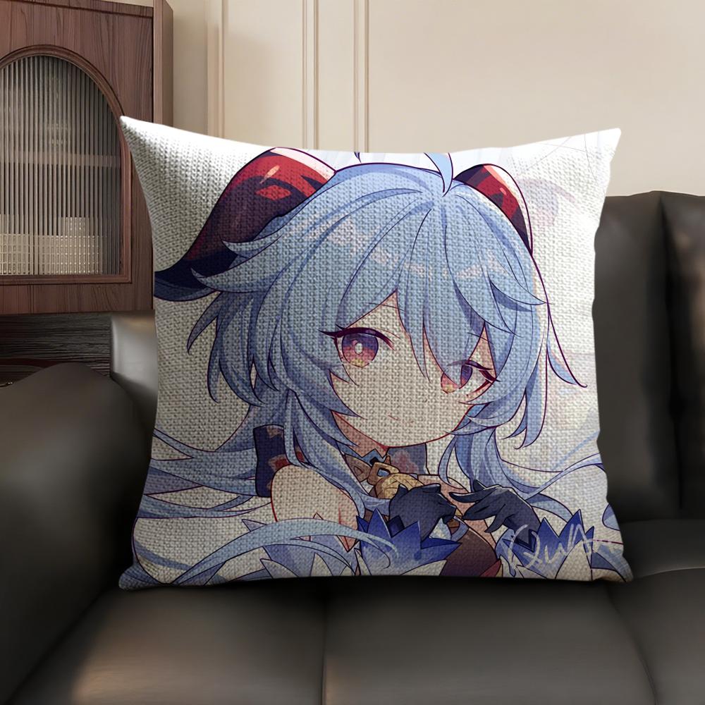 Cute Ganyu Genshin Impact Cushion Cover Natural Linen Organic Fabric DoubleSided Printing Sofa Home Decor Gift Pillow Case
