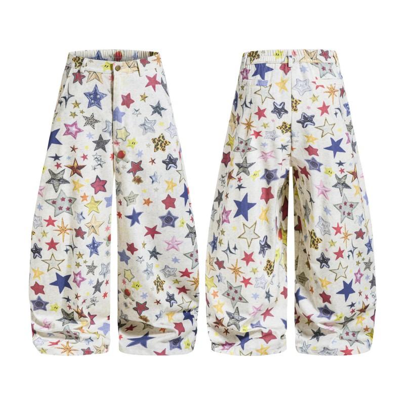 American Retro Star Print Wide Leg Pants Loose Casual Trousers Men Women