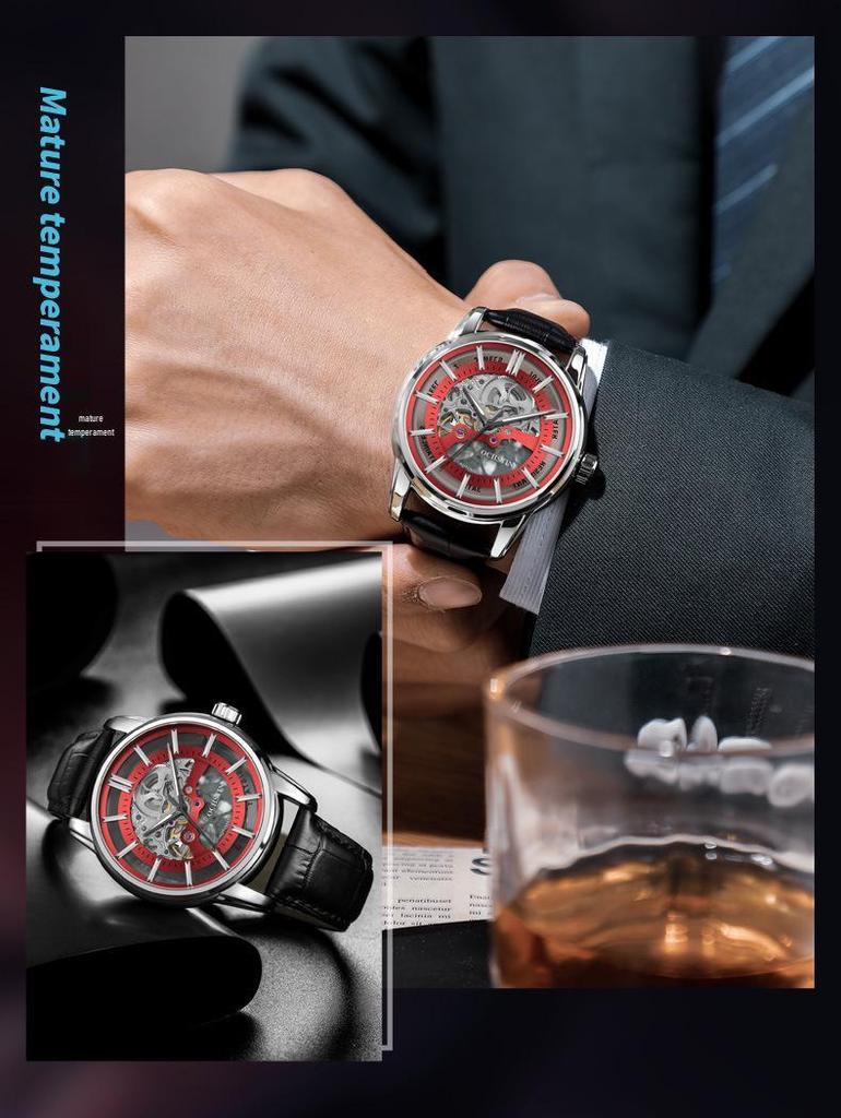 OCHSTIN Men's Skeleton Mechanical Watch - Genuine Leather, Waterproof, Fashionable Business Casual Wristwatch