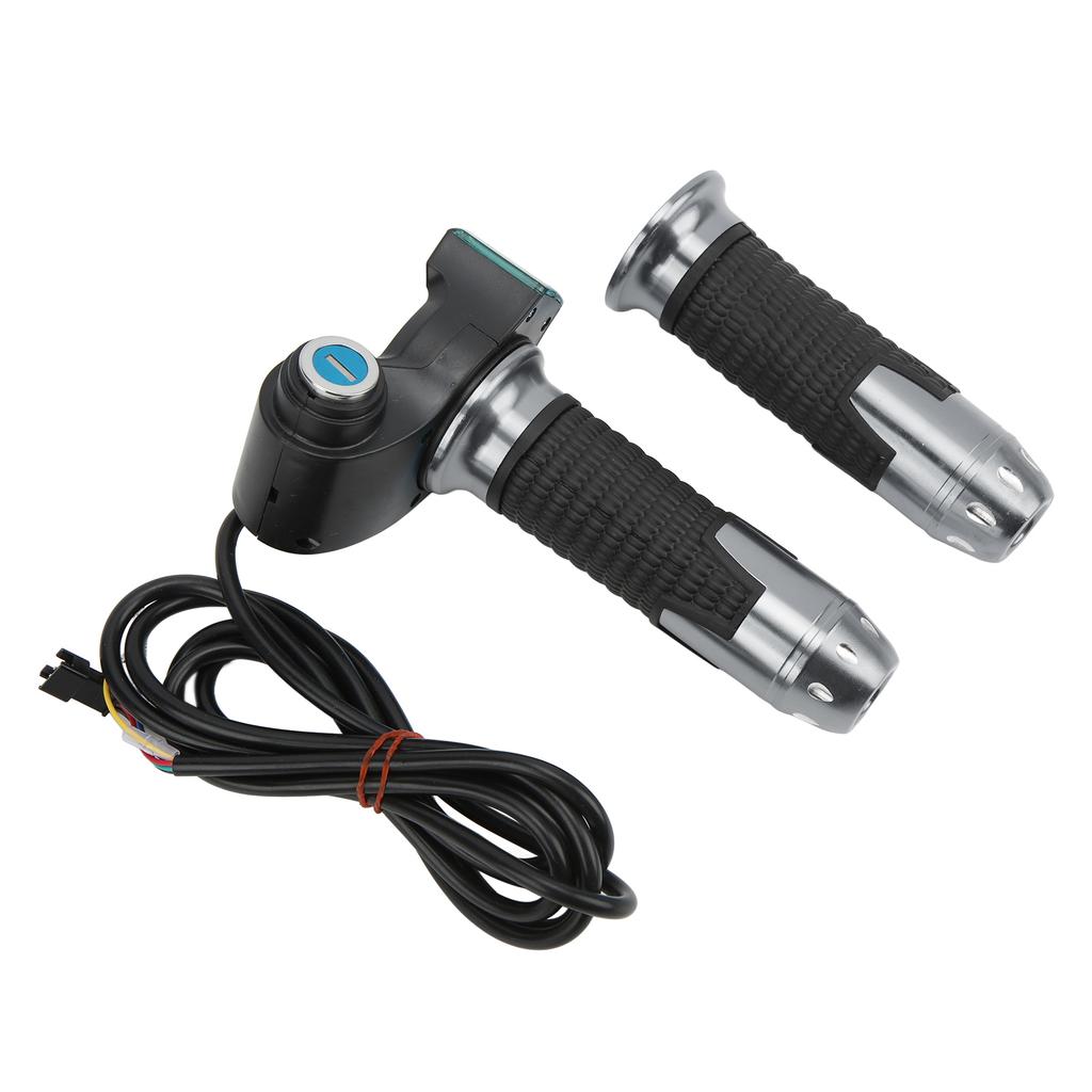 1 Pair Electric Bicycle Throttle Handle Twist Throttle Accelerator Grip with Green Digital Display Grain PatternGrey