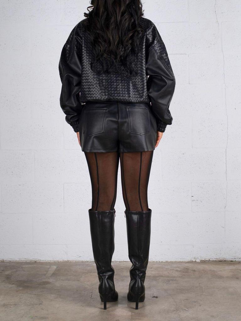 European & American Women's Two-piece Set: Weave Style Lapel Loose Leather Jacket with Shorts