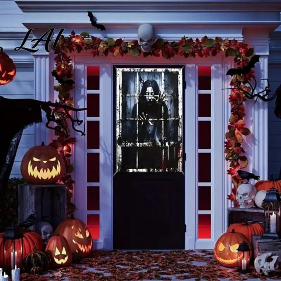 Spökhus Dekorationer 2 st Halloween Skräck Fönsterklistermärken 80x120cm Spöklikt Spöke Skelett Läskigt Heminredning Klistermärken för Glas,