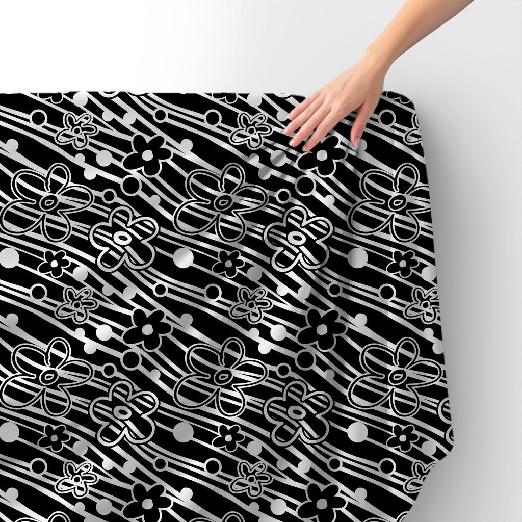 Royal Velvet Fabric Polyester For Sewing - Motif Black-White Drawn Flowers