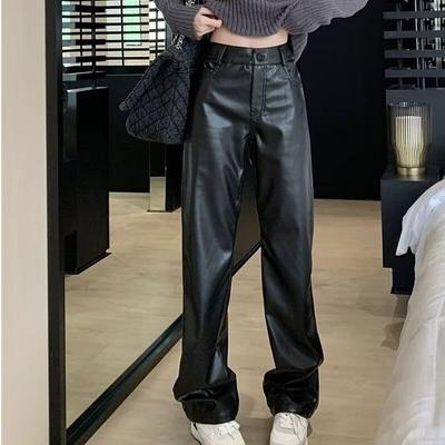 Office-lady Solid High-waist Leather Pants Streetwear Casual Straight Ladies Trousers Autumn Fashion Loose Black Pu Pants 29392