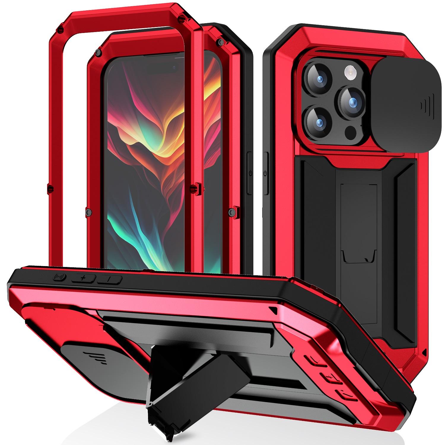

R-JUST For iPhone 15 Pro Slide Camera Lid Kickstand Cover Silicone+Metal+Plastic Phone Case with Tempered Glass Screen Film Red