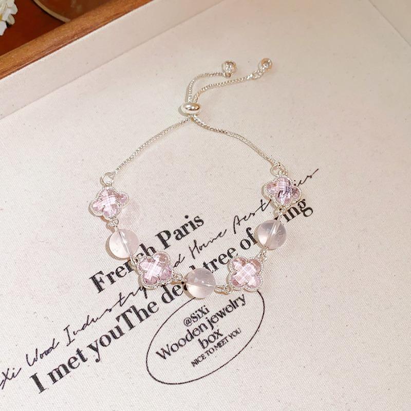White Crystal Powder Crystal Lucky Grass Beaded Bracelet Light Luxury High-end Bracelet Sweet Simple Niche Versatile Jewelry