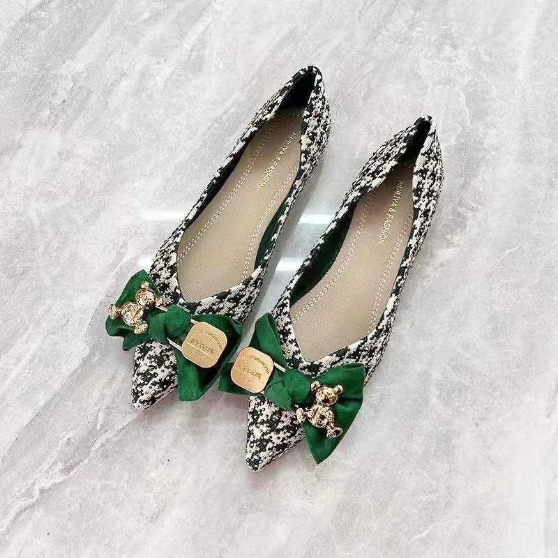 Single Shoes Women's 2025 Spring and Summer New Versatile Pointed Flat-soled Ladyshoes Thousand Bird Grid Bow Shallow Mouth Temperament Soft Sole