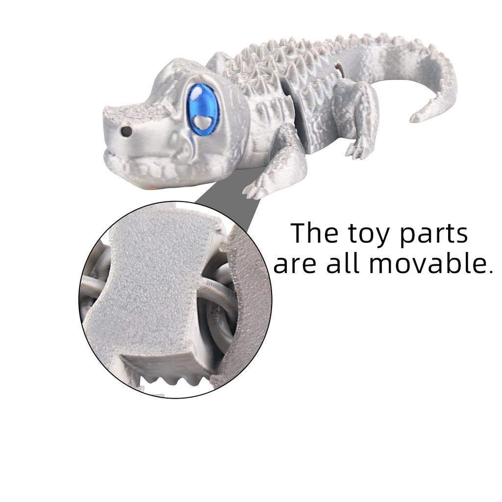 3D Printed Silver Wagging Tail Crocodile, Joints Movable, Novel Multi-Color Printing Technology Gift Small Toy