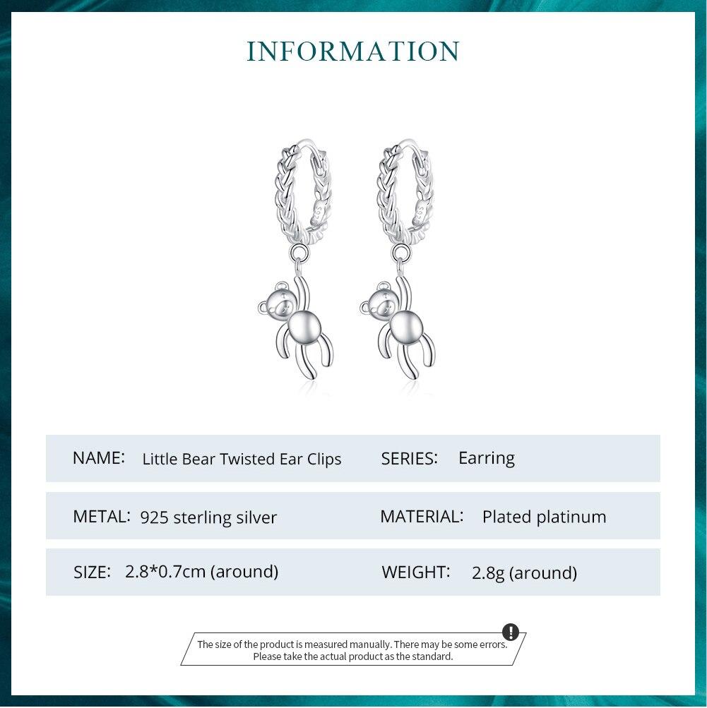 Bamoer 925 Sterling Silver Braided Texture Twisted Ear Buckles Silver Bear Drop Earrings for Women Christmas Gift Jewelry