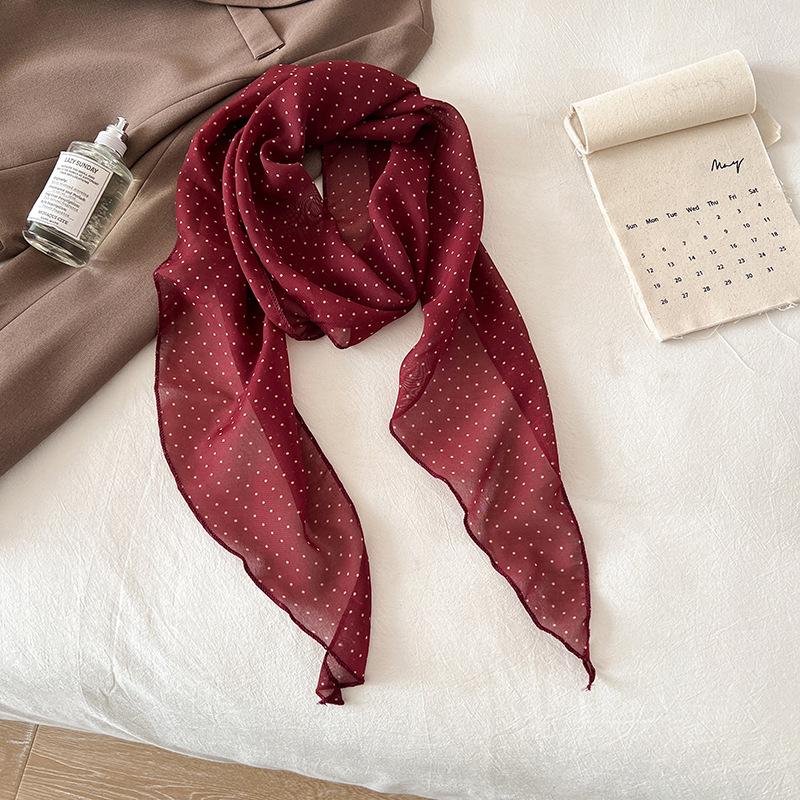 Korean Style Brown Polka Dot Silk Scarf - Versatile Women's Lightweight Spring/Summer Accessory