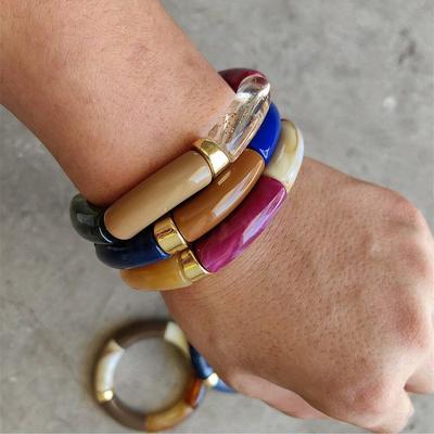 Trendy Chunky Bamboo Tube Beaded Acrylic Bracelets for Women Man Multicolor Resin Stretchy Statement Bangle Stack Jewelry Gift