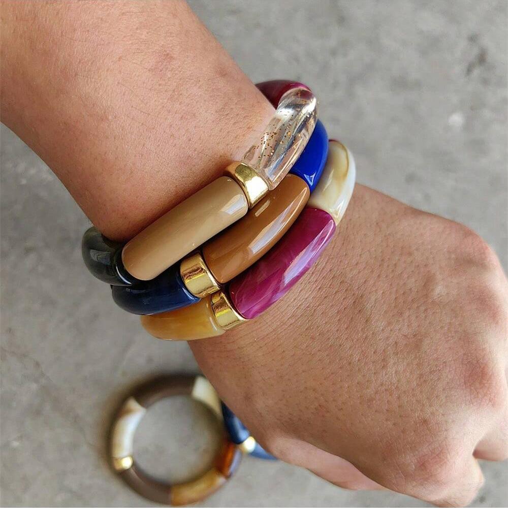 Trendy Chunky Bamboo Tube Beaded Acrylic Bracelets for Women Man Multicolor Resin Stretchy Statement Bangle Stack Jewelry Gift
